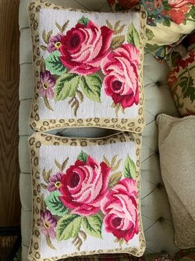 Vintage Pair Floral Needlepoint Rose Pillow - Pink & Green